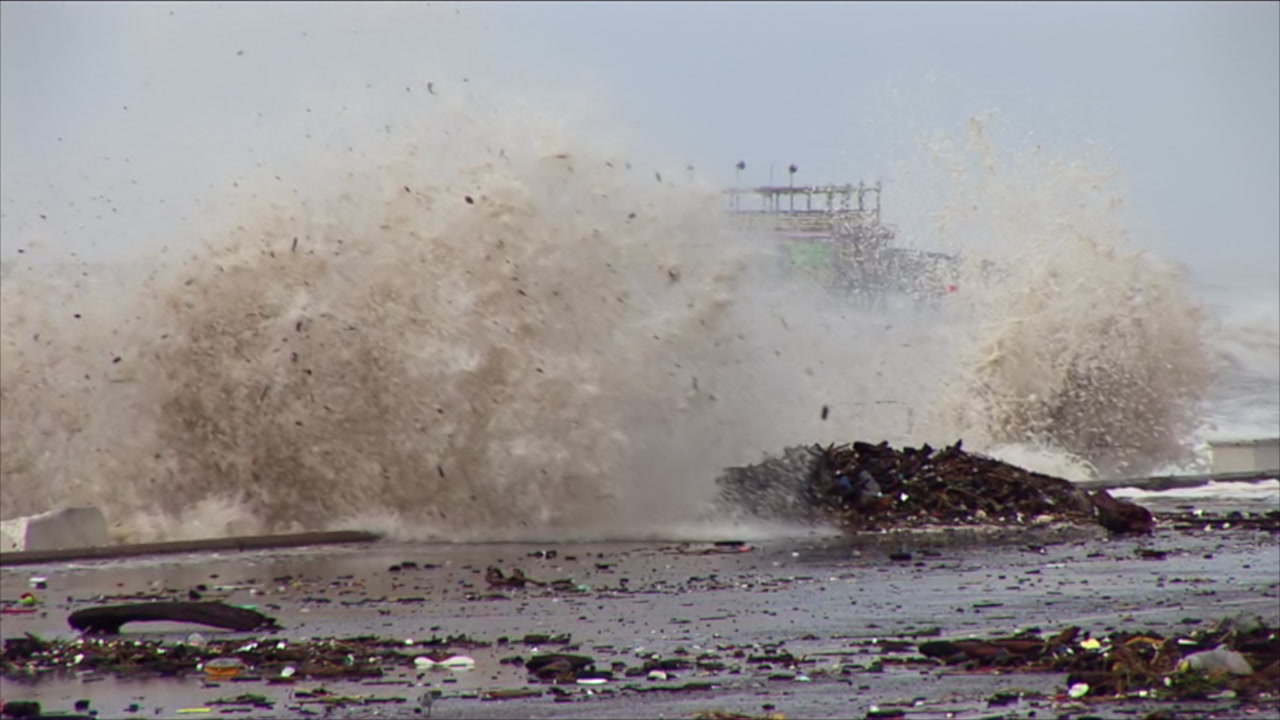 Pier, seawall and big waves - extremely destructive Hurricane Ike, Galveston, 2008, HD 1080