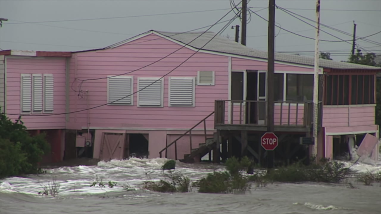 Pink house overcome by storm surge - extremely destructive Hurricane Ike, Galveston, 2008, HD 1080