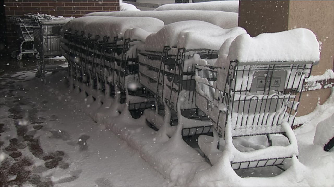 Snow covered grocery shopping carts - winter storm, HD 1080