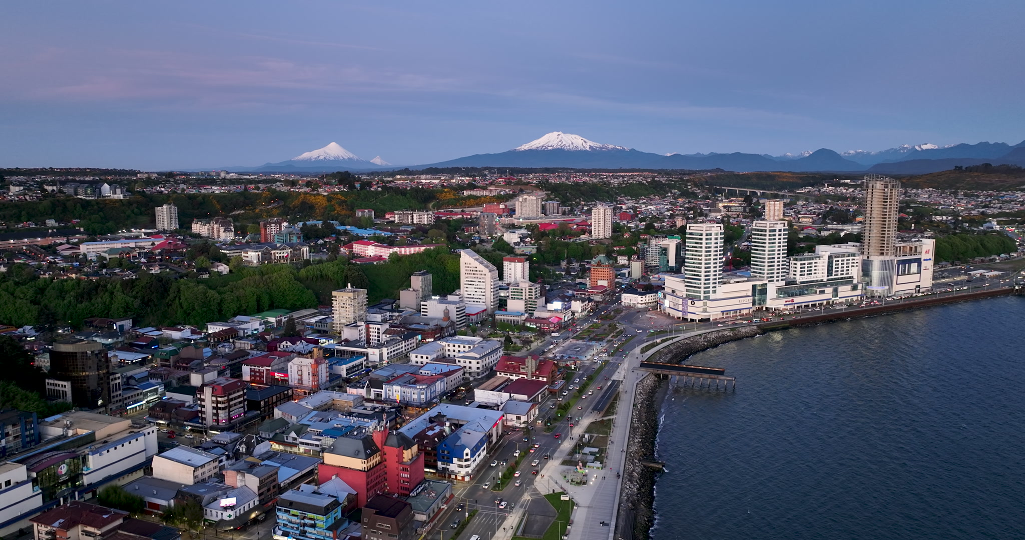 Blue Hour Aerial Pan and Tracking Cityscape