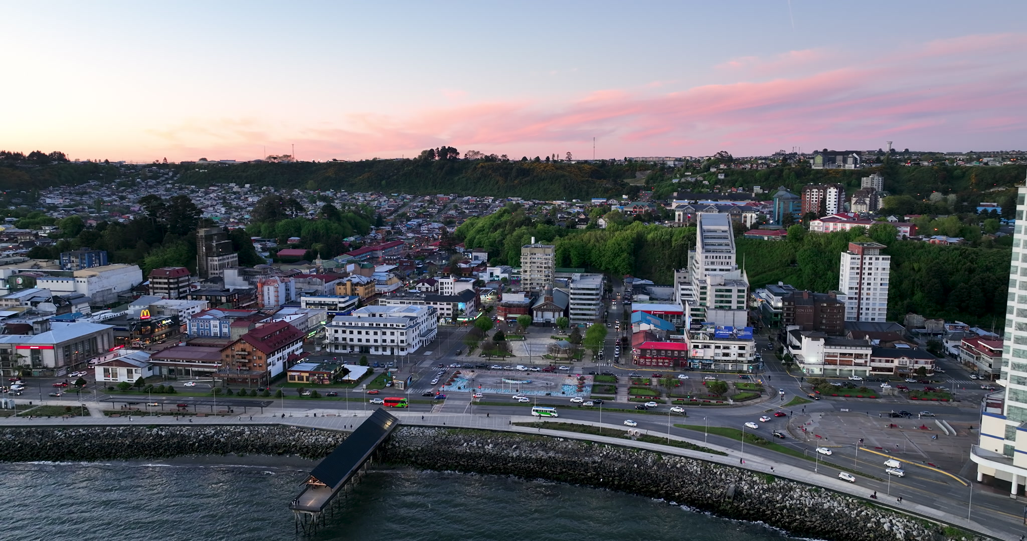 Aerial Tracking Shot Right Over Downtown Plaza