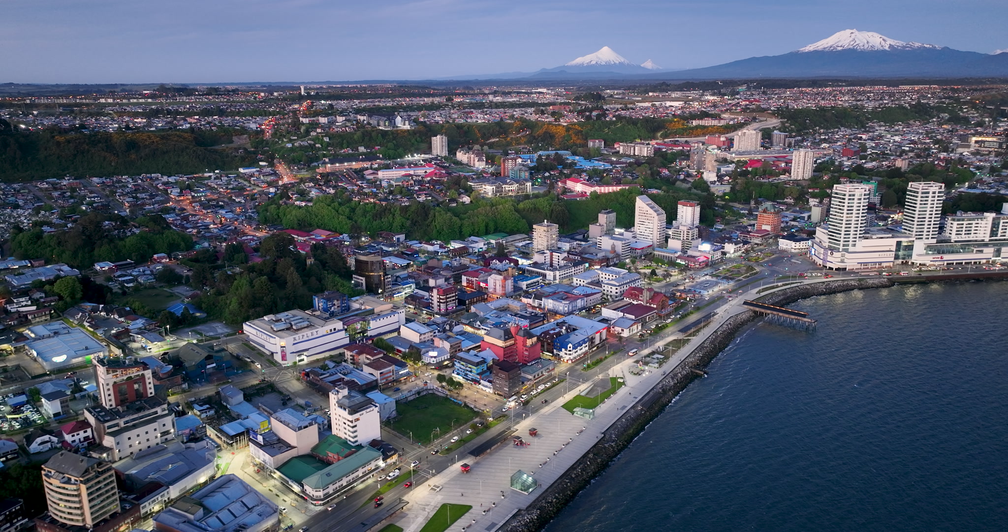 Blue Hour Aerial View Coastal City Volcanoes