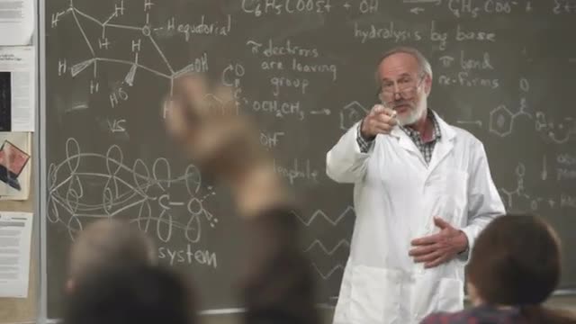 A college professor calls on a student raising their hand in class