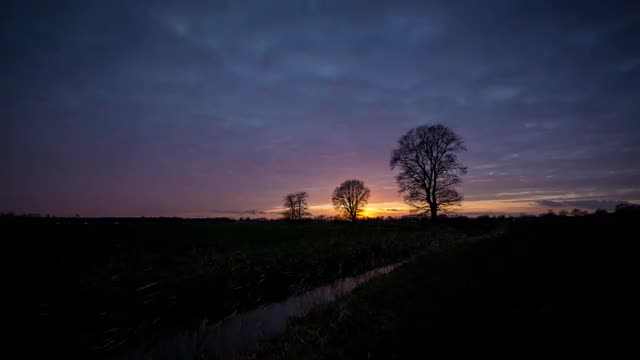 Sunset with orange beginning, ends red.