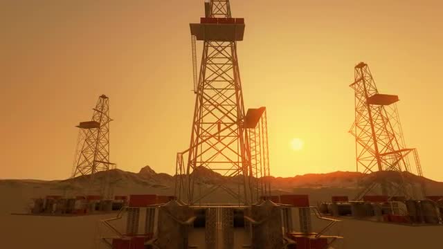 Drill Tower At Sunrise. Oil Rig Industry Drilling Derrick