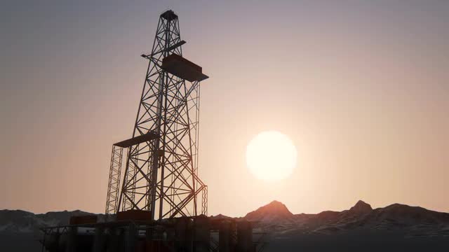 Drill Tower At Sunrise. Oil Rig Industry Drilling Derrick