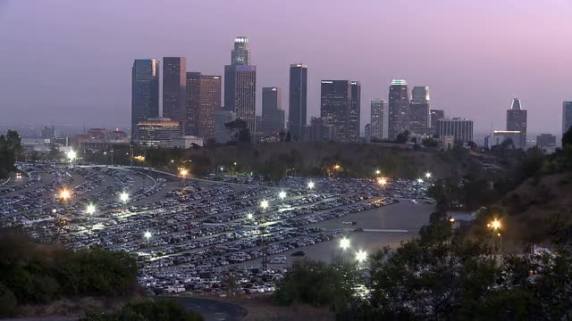 Los Angeles City Skyline with Dodger Stadium Parking Lot.