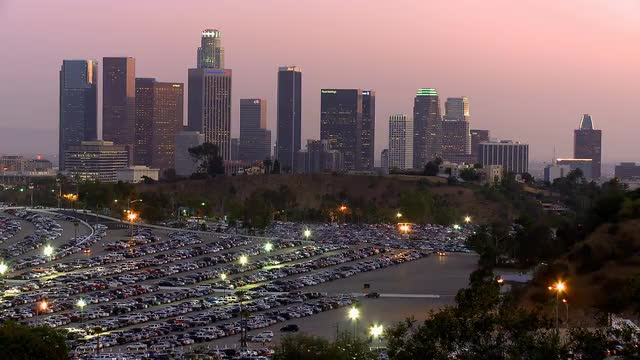 Los Angeles City Skyline with Dodger Stadium Parking Lot.
