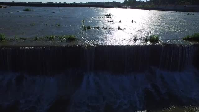 Aerial view of the spillway on the south end of White Rock Lake in Dallas, Texas.
