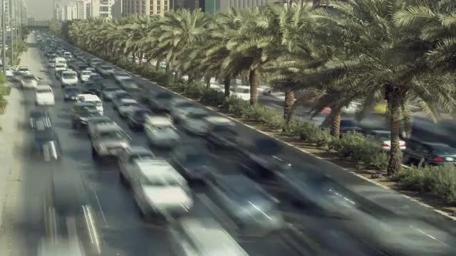 Timelapse / long exposure city centre traffic on King Abdullah Road, Riyadh, Saudi Arabia.