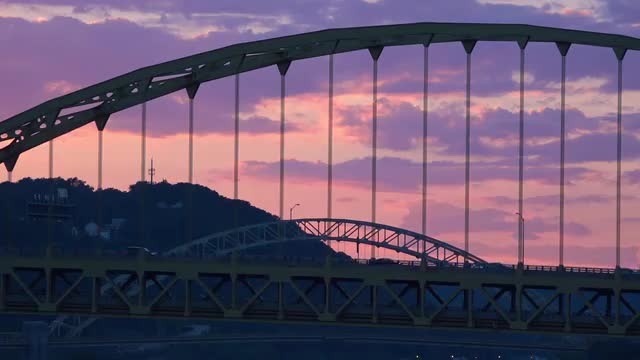 A sunset over the Fort Pitt Bridge in Pittsburgh, PA.