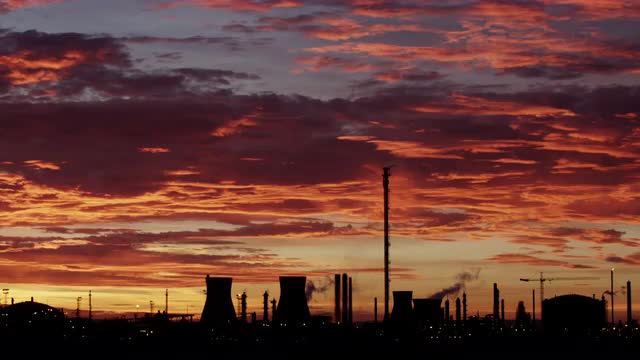 Red hot sunset over Grangemouth Oil Refinery in Scotland.