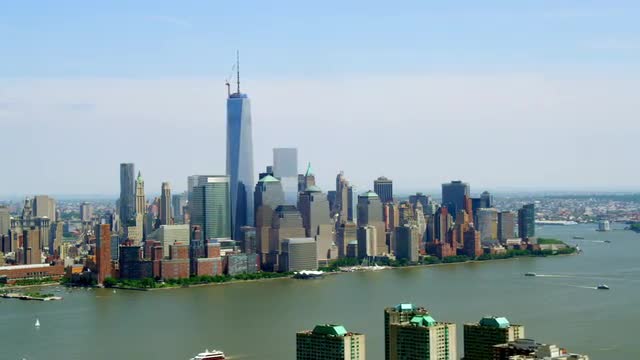 WIDE AERIAL Lower Manhattan skyline with One World Trade Center and World Financial Center