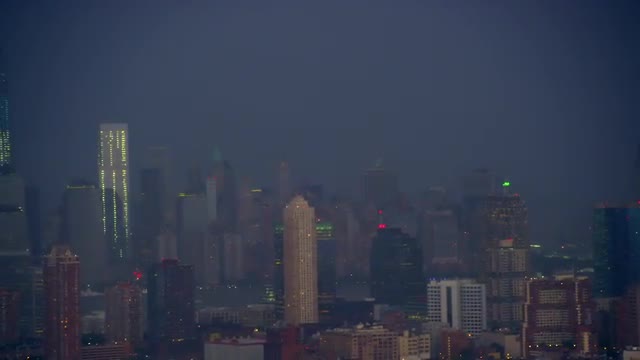 WIDE AERIAL Lower Manhattan at dusk