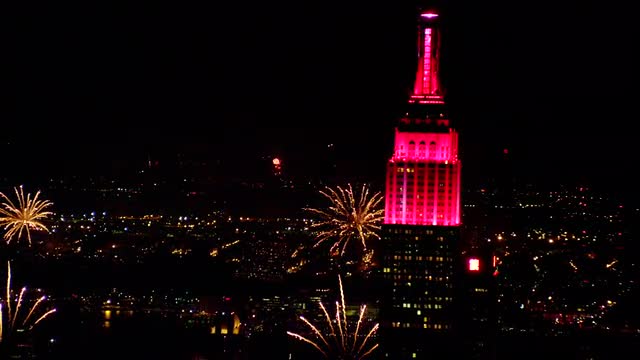 MEDIUM Aerial Empire State Building with Fireworks