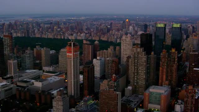 WIDE AERIAL Upper West Side and Midtown Manhattan at dusk