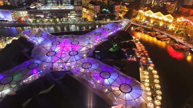  Elevated view over the Entertainment district of Clarke Quay and Singapore river, South East Asia, 