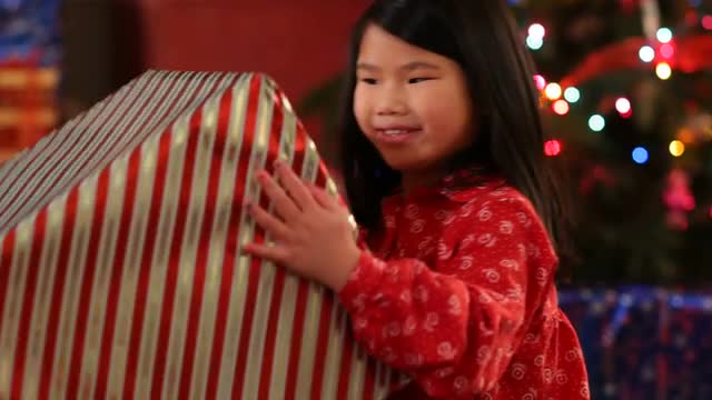 Portrait of young girl with large Christmas gift
