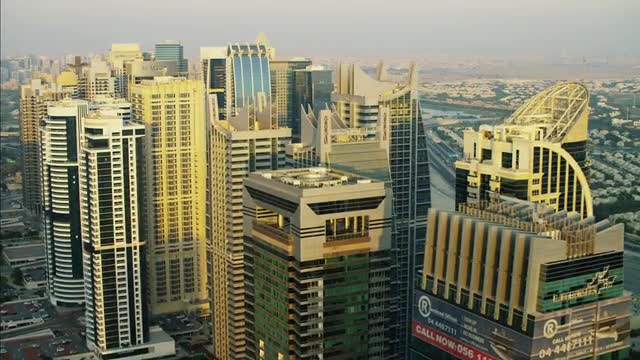 Aerial Dubai Skyscrapers desert suburbs Dubai Metro UAE 
