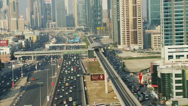 Aerial motion train Dubai Metro Rail Sheikh Zayed Road UAE Aerial motion train Dubai Metro Rail Sheikh Zayed Road UAE