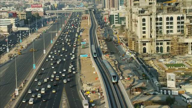Aerial motion train Dubai Metro Rail Sheikh Zayed Road UAE Aerial motion train Dubai Metro Rail Sheikh Zayed Road UAE