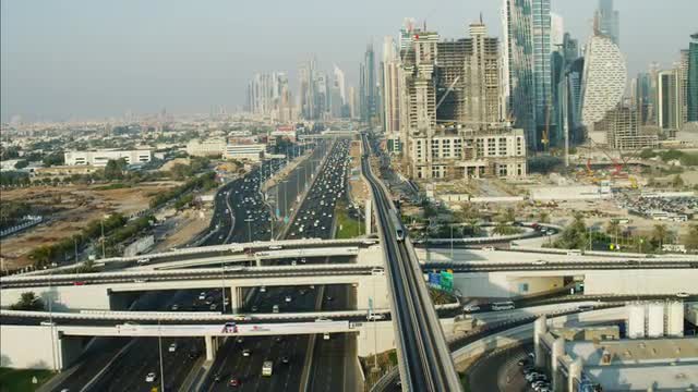 Aerial motion train Dubai Metro Rail Sheikh Zayed Road UAE Aerial motion train Dubai Metro Rail Sheikh Zayed Road UAE