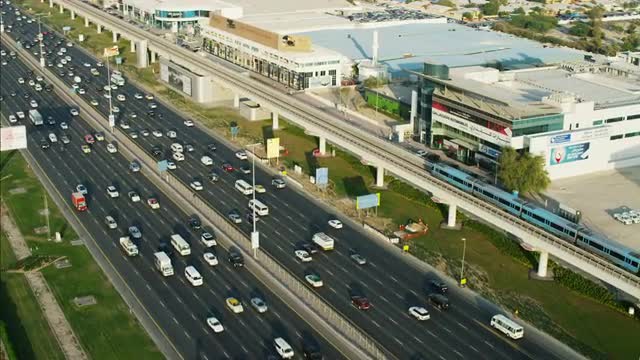 Aerial motion train Dubai Metro Rail Sheikh Zayed Road UAE Aerial motion train Dubai Metro Rail Sheikh Zayed Road UAE