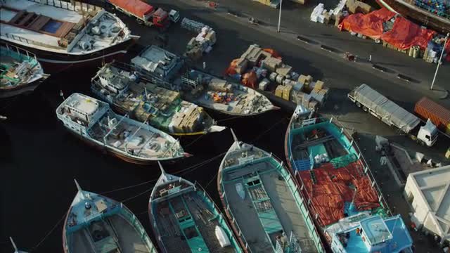 Aerial Dhows Dubai Creek Spice Port boat transport Persian Gulf UAE 