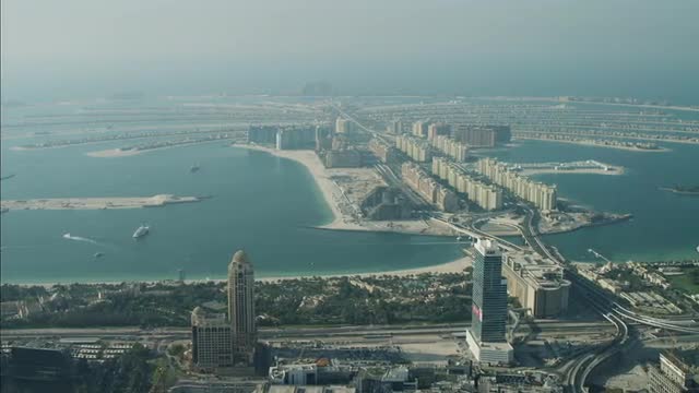 Aerial Dubai Palm Jumeirah Island Atlantis luxury homes UAE