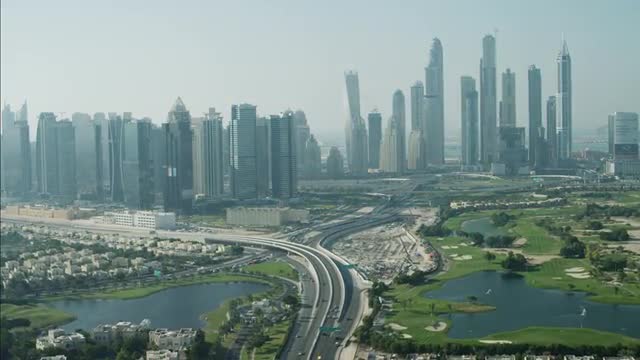 Aerial Dubai Skyline Skyscrapers Emirates Hills residential Golf UAE