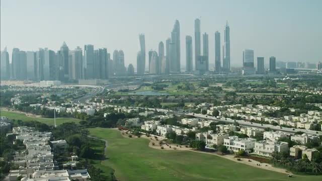 Aerial Dubai Skyline Skyscrapers Emirates Hills residential Golf UAE