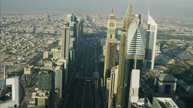 Aerial Dubai City Skyscrapers Sheikh Zayed Road Metro Rail UAE