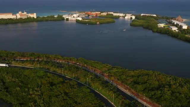 Aerial view of hotels and beach in Cancun, Mexico