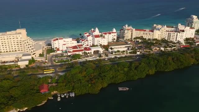 Aerial view of hotels and beach in Cancun, Mexico
