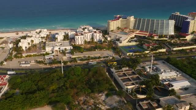 Aerial view of hotels and beach in Cancun, Mexico