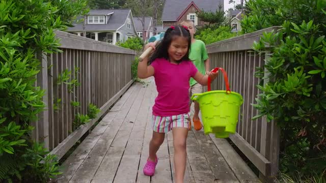 Kids walking across bridge. Shot on RED EPIC for high quality 4K, UHD, Ultra HD resolution.