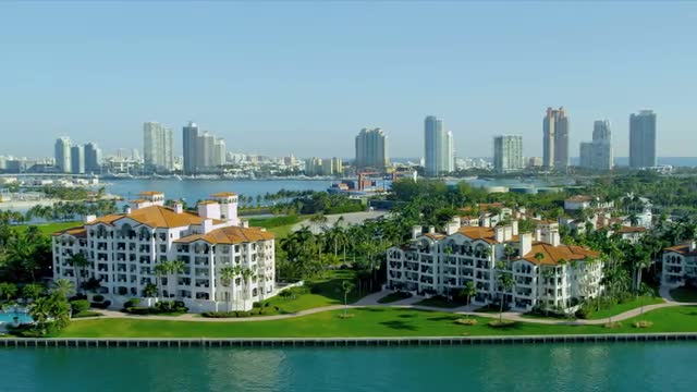 Aerial view Fisher Island exclusive apartments, Miami