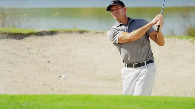 Professional Male Caucasian Sand Bunker Golf Commercial Sponsor Wealth Leisure