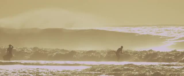 Long shot of surfers standing on beach