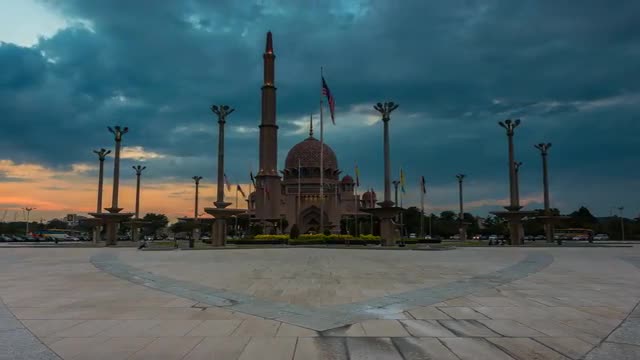 Majestic Sunset Time Lapse at a Mosque. Pan right to left