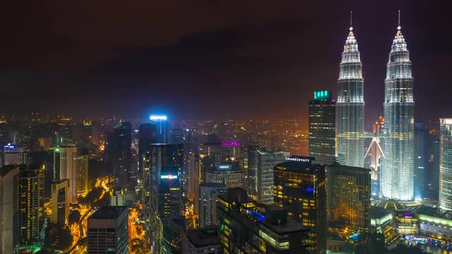 Sunset Time Lapse of Kuala Lumpur. Petronas Twin Towers and KL tower visible.