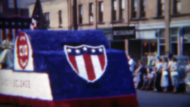 1951: CIO union parade float patriotic uncle sam my daddy belongs Americana. ERIE, PENNSYLVANNIA
