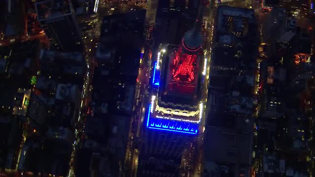 Empire State Building Close Up, Red White Blue, night