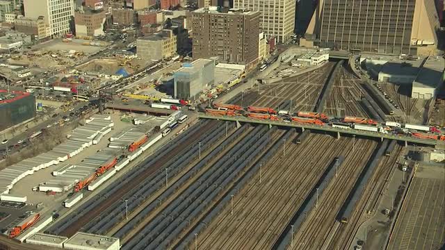 Wide Shot Train - zoom out City wide shot