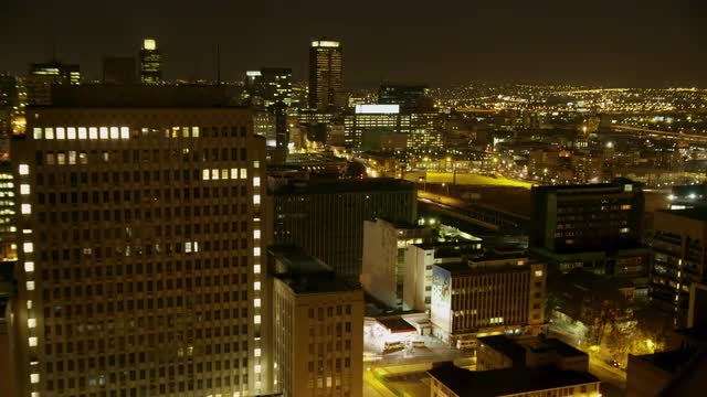 Night timelapse of central Johannesburg, South Africa.