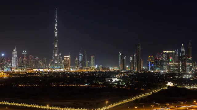 United Arab Emirates, Dubai, elevated view of the new Dubai skyline and  Burj Khalifa