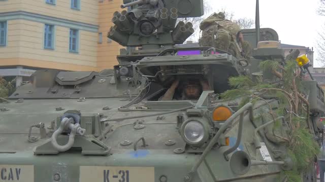 Atlantic Operation Nato Poland Soldier is Wearing a Helmet in a Tank Cabin Driver's Hatch is Ope