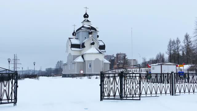 Orthodox Church During Snowfall, Kondopoga, Karelia, Russia