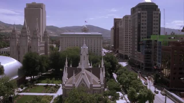 High panning shot of Temple Square, Salt Lake City, Utah.