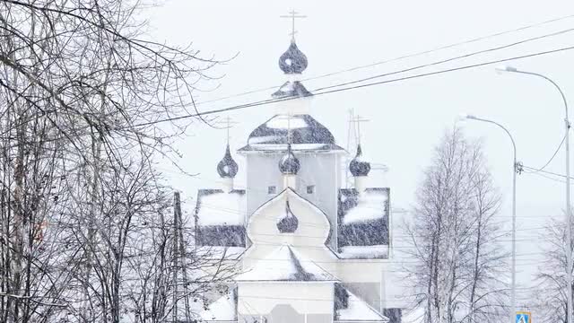 Orthodox Church During Snowfall, Kondopoga, Karelia, Russia